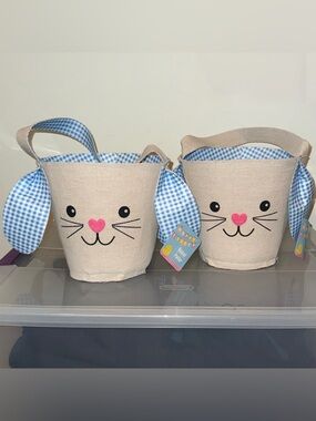 Canvas Bunny Totes With Handle, Set of 2 (Blue Gingham) Great for Easter!